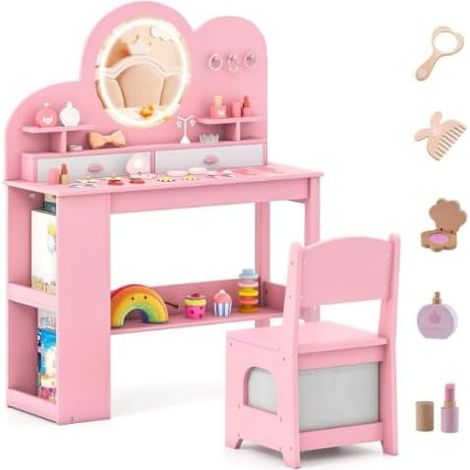 COSTWAY Toeletta per Bambini con Luci, Set Tavolo da Trucco Principessa e Sedia con 2 Cassetti e Libreria a 2 Ripiani, 3 Ganci e 2 Mensole Aperte per Bambini da 3+ Anni (Rosa) (1/5)