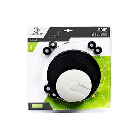 Rueda universal de plástico ø: Ext: 180mm, Incluye embellecedor y juegos de aros reductores de 8, 10 y 12 mm. (bajo carcasa).