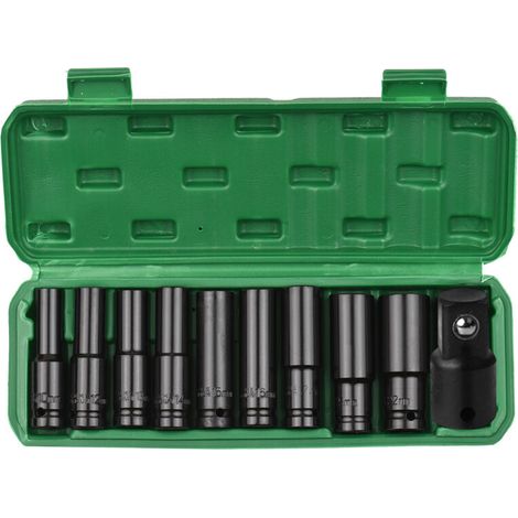 Coffret de 10 douilles à impact hexagonales 1/2 pouce, douilles profondes de 10 à 22 mm et adaptateur 3/8 pouce, en acier CR-V, avec coffret de rangement rigide. (1/5)