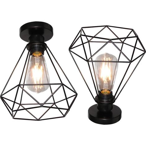 2 Luminaire Plafonnier Industrielle Cage en forme Diamant en Métal Fer Rétro Lustre Suspension pour Salon Salle Chambre Décorer Maison Cuisine (Noir) BLOW (1/5)