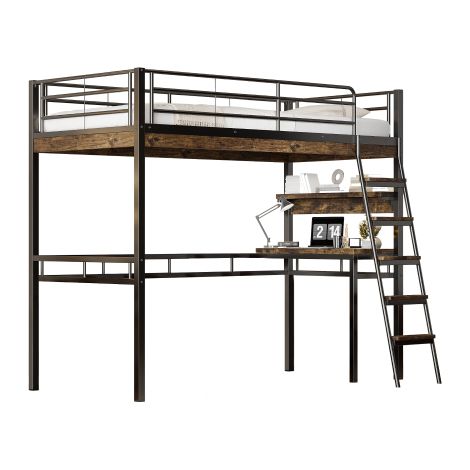 Lit mezzanine,90200cm,sans matelas,lit avec bureau,étagères,balustrade,échelle,structure en fer,noir