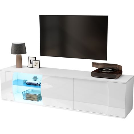 Meuble tv 180x40x45 cm avec 3 portes verre trempé éclairage led, lowboard moderne meuble multimédia pour téléviseur jusqu’à 80 pouces, verre (1/5)