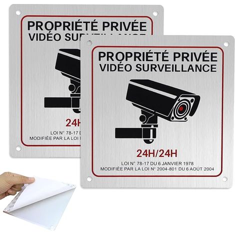 Panneau Camera Surveillance, Panneaux Alarme Video Surveillance 15×15cm, Autocollant Propriété Privée 24H Vidéo Exterieur Résistant Imperméable avec Trous Percés et Adhésif