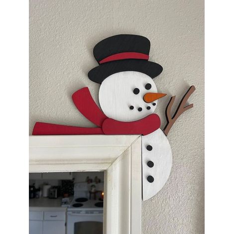 Décor Porte Noël - Décoration En Bois Pour Cadre De Porte Et Fenêtre - Motif Bonhomme De Neige Père Noël - 20 x 13 cm - 1 Pièce (1/5)