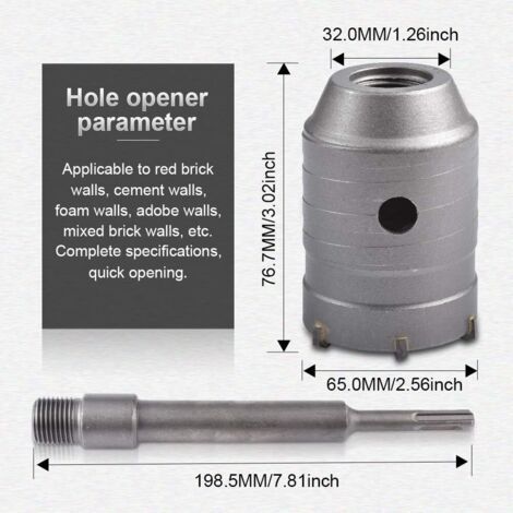 Scie cloche à béton 65 mm – Pour murs en brique et en ciment – Poignée ronde SDS Plus – Longueur 198,5 mm – Pointe en carbure de tungstène (1/4)