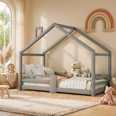 Lit cabane 90x200 enfant avec barrières pin gris HAVRYA (1/5)
