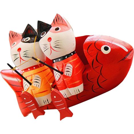 Ornement Décoratif en Bois Pin Forme Couple de Chats Pêcheurs, Sculpture Créative Réaliste pour Bibliothèque et Chambre, Ensemble (1/5)