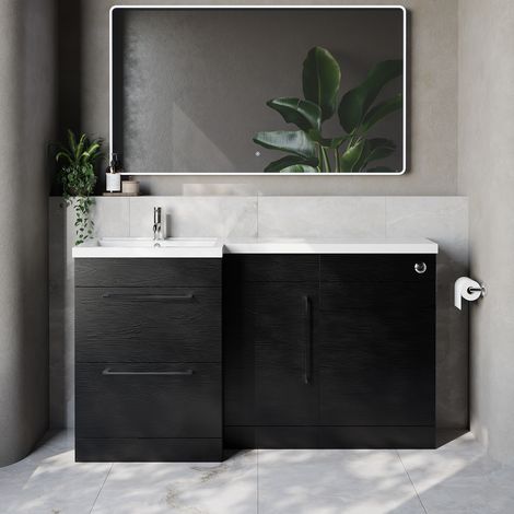 Napoli 390 Nero Oak 1500mm 2 Drawer Vanity Unit Toilet Suite with Left Hand Square Lucia Basin - 1500mm - Chrome 320mm HandleWithout Kingston Toilet Pan