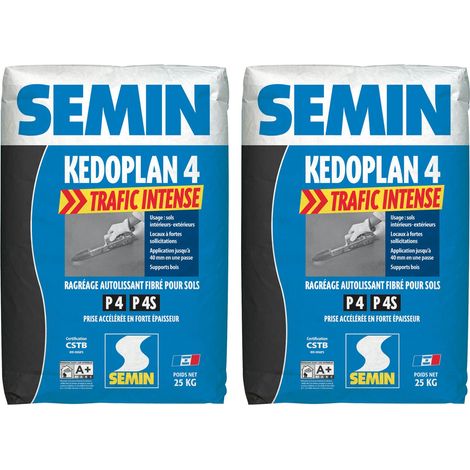 Semin – Enduit de ragréage autolissant fibré P3/P4 – Prise accélérée – Sac 25 kg – Pour sols intérieurs et extérieurs – Lot de 2