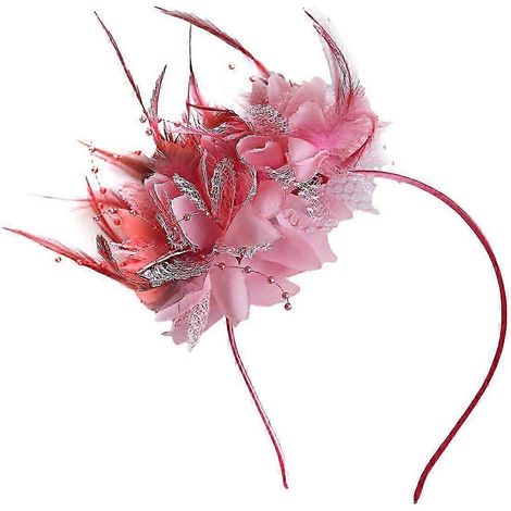 Bandeau vintage à plumes, élégant bandeau en tissu fleuri pour femmes et filles, accessoire de coiffure de mariée-Pink (1/5)