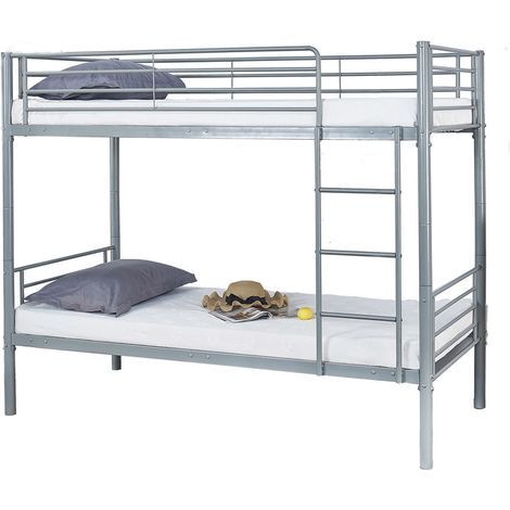 Lit superposé 90x190 cm en métal gris avec échelle et barrière de sécurité - Longueur 195 x Hauteur 165 x Profondeur 96 cm (1/2)
