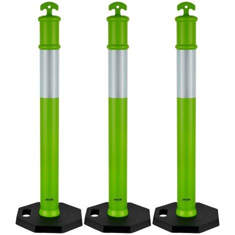 Poteau de Signalisation 3PCs 114 cm, Balise de Délimitation avec Base Lestée et Bandes Réfléchissantes, Délinéateur de Circulation pour Contrôle des Foules, Chantier Stationnement, Vert (1/3)
