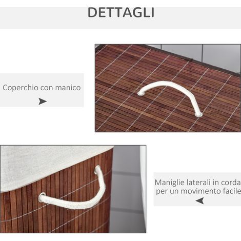 Panier à linge en bambou 100L, 2 bacs avec couvercle et anses, dimensions 52x32x63 cm