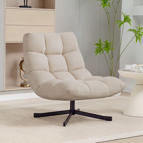 Butaca de Salón Giratoria Moderna Tapizada en Chenilla con Asiento Ancho Base Cruz y Patas de Acero Sillón Relax Crema (1/5)