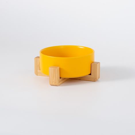 Bol pour chat en céramique jaune avec support en bambou, anti-renversement, design épuré (1/5)
