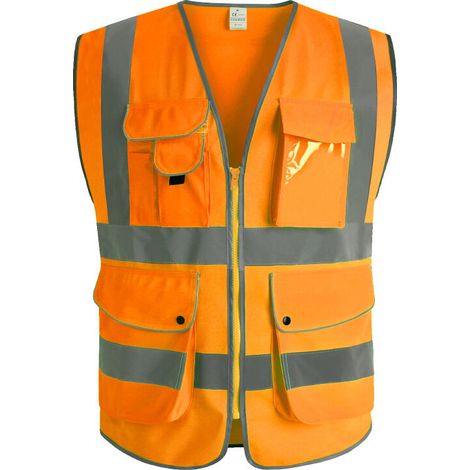 RHG 9 poches de classe 2"gilet de sécurité haute visibilité devant avec des bandes réfléchissantes, （orange-L） (1/3)