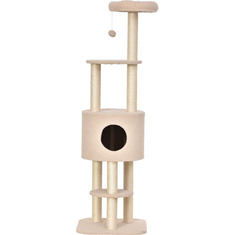 Arbre à chat avec niche et plateformes 45 x 40 x 148 cm griffoir perche rembourrée scandinave moderne en peluche beige (1/5)