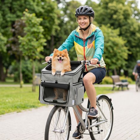 Panier avant portable pour vélo pour chien, avec laisse de sécurité, coussin et gamelle pour petits chiens jusqu'à 5 kg, gris clair. (1/5)