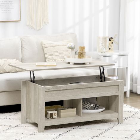 Table basse plateau relevable, table de salon avec étagères et compartiment caché,105 x 50 x 49-62,5 cm pour salon, chambre, aspect chêne clair (1/5)