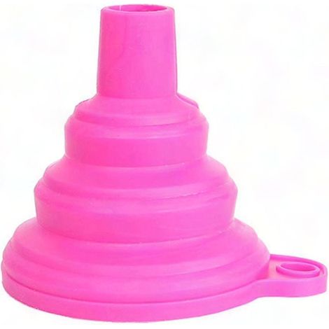 Entonnoir pliable en silicone alimentaire rose pour liquides, modèle compact et réutilisable, idéal pour cuisine, camping et voyage. (1/5)