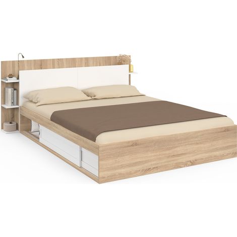 Lit double SARI avec rangements, sommier et tête de lit 140 x 190 cm bois et blanc