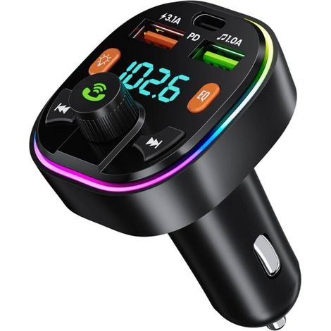 Transmetteur FM Bluetooth Voiture, Allume Cigare Bluetooth Adaptateur Bluetooth Voiture Type-C PD 20W & QC 3.0 Chargeur Rapide de Voiture Appels Mains Libres MP3 Support U Disk (1/4)