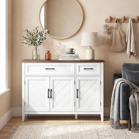 Aparador de salón, mueble de almacenamiento con 3 puertas en zigzag, 2 cajones y 2 estantes ajustables, 110 x 35 x 80,5 cm, blanco.