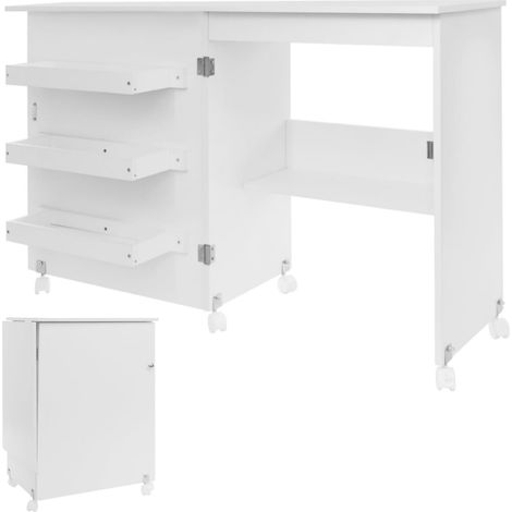 Table de Couture sur roulettes, Meuble Machine à Coudre, Portes magnétiques, 4 Plateaux Ouvert de Rangement, Grand Plan de Travail, Meuble Couture Pliant pour Salon, Bureau, Blanc (1/5)