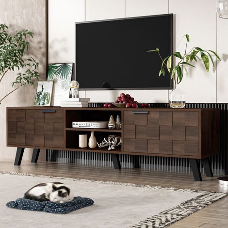 Meuble tv rangement grand 160 cm bois 2 portes 2 niches HAVRYA (1/5)
