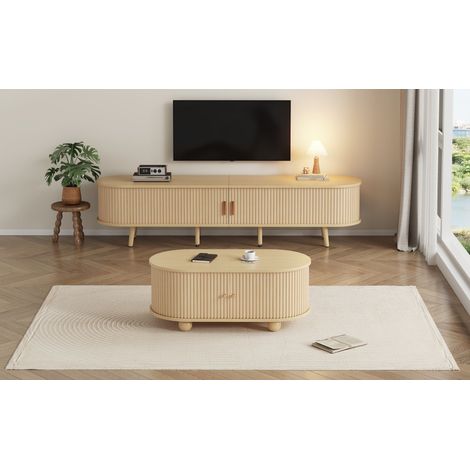 Armoire TV avec espace de rangement, combinaison avec un bureau. Forme ovale, en couleur du bois d’origine. Matériau : MDF