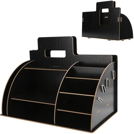 Organisateur de bureau en bois pour cosmétiques et fournitures, rangement innovant pour espace de travail à domicile, noir. (1/5)