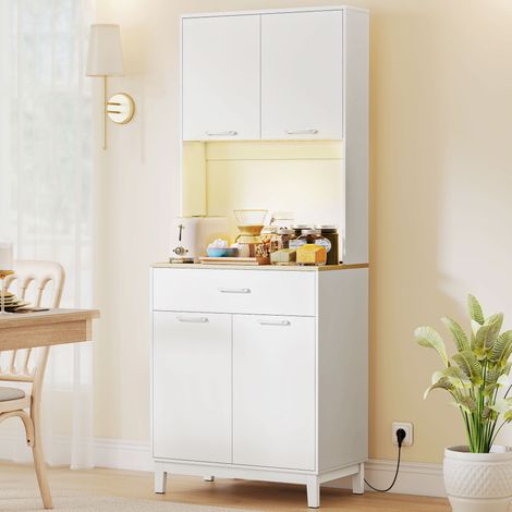 Aparador moderno con luces LED, enchufes y puertos USB, 2 armarios y cajón, 71x40x180 cm, blanco. (1/5)