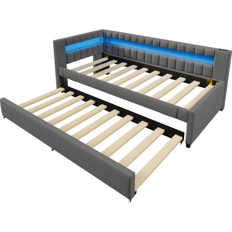 (=WX001040AAE) Lit de jour, canapé-lit, 90200cm, lit avec barre lumineuse LED télécommandée au bout du lit, lit avec lit gigogne sans matelas, USB + TYPE-C, lin, gris (1/5)