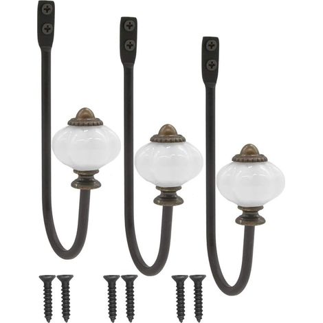 lot de 3 patère antique, patère, crochet à chapeau, crochet en fer avec tête en céramique et couronne en laiton - style campagnard vintage (1/5)
