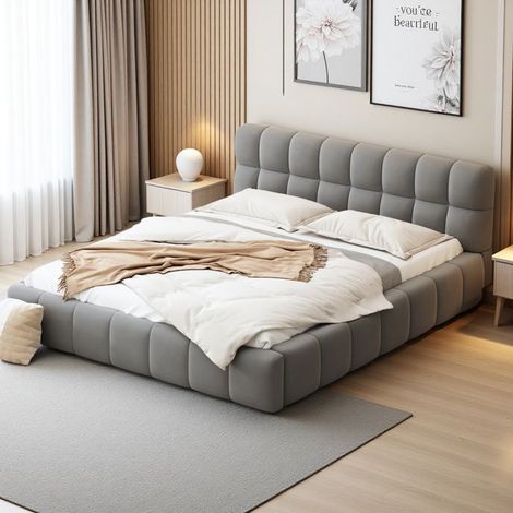 Letto matrimoniale 140x200 - Lino naturale - Testiera imbottita - Legno massello - Grigio elegante