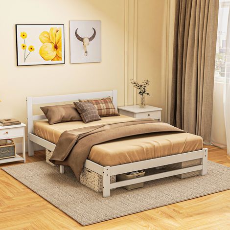Marco de Cama de Madera 195x141 cm Estructura de Cama Doble para Colchón de 135x190 cm (no incluido) Carga 300 kg Blanco (1/5)