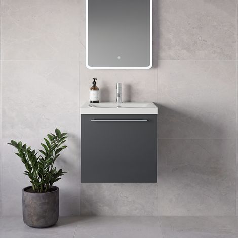 Napoli 390 Gloss Grey 500mm Wall Mounted Single Drawer Vanity Unit with Glide Basin - 500mm - Chrome 320mm Handle