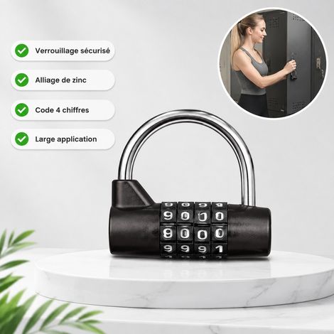 Cadenas a Code 4 Chiffres Noir pour Vestiaire de Salle de Sport et Casier Etudiant 13 x 8.5 x 2 cm (1/4)