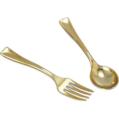 144 cuillères jetables en plastique doré et 72 mini fourchettes à dessert dorées pour gâteaux et café, idéales pour les fêtes (1/5)