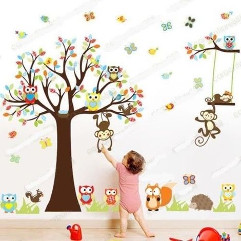 Sticker Mural Animal Hibou Singe Arbre Déco Decal Pépinière Chambre d\'Enfant
