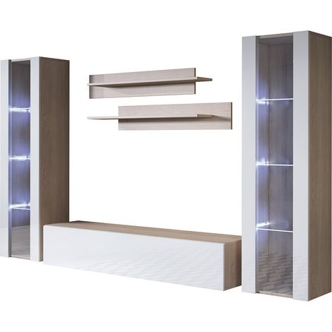 Wohnwand mit LED Mediawand Möbel TV TV-Schrank Wohnzimmer Wohnmöbel Anbauwand Möbelkombination Hängend 260cm Luke 8E Sonoma Matt mit Weiß Glanz (1/3)