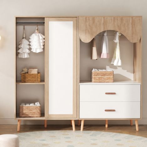 Armoire enfant 2 éléments modulables, portes coulissantes et tiroirs, blanc et bois OKMYHOME (1/5)