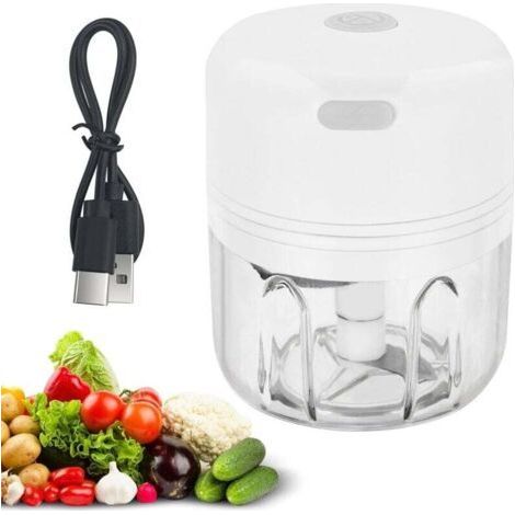 PA Tritatutto elettrico da 250 ml, ricaricabile tramite USB, mini portatile, con 3 lame in acciaio inossidabile per cipolle, aglio, carne, verdure e frutta (bianco) (1/4)