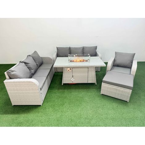 Fimous 8 Seater Poly Rattan Outdoor Garden Furniture Firepit Dining Table Sofa Set Patio 3 Seater Sofa Reclining Chair 3 Seater Sofa Big Footstool Light Grey (1/4)