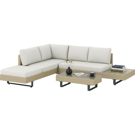 Outsunny conjunto de jardín de ratán de 3 piezas, incluye cojines, sofá de 3 plazas, sofá de 2 plazas con mesa lateral, mesa centro de vidrio, beige