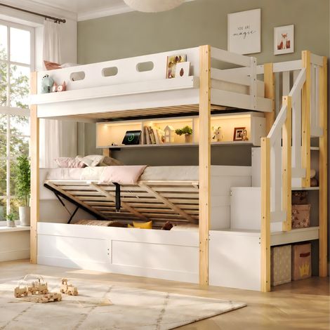 Cama litera infantil 90 x 200 cm con almacenaje, LED, USB y escalera blanca HAVRYA (1/5)