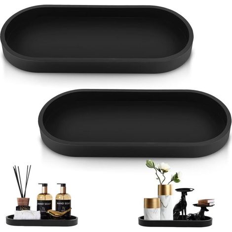 Lot de 2 plateaux de salle de bain, plateau décoratif, silicone noir, plateau de rangement pour coiffeuse, petit plateau, pour salon, chambre, lavabo, baignoire et évier de cuisine (ovale) (1/4)