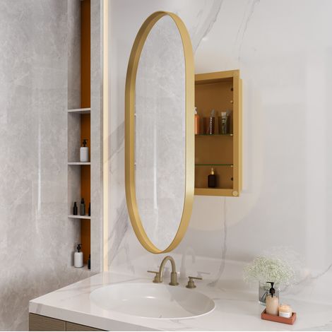 Meuble de salle de bain miroir ovale 85 x 51,5 x 12 cm en métal doré DESVIAE (1/5)