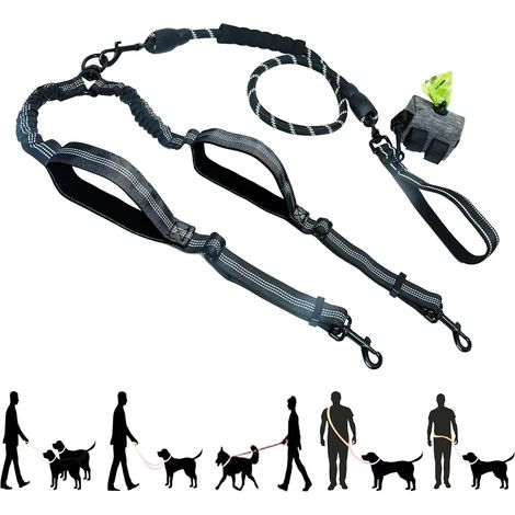 Double Laisse MainsLibres NoPull Bungee Noir GrandsChiens Taille/crossbody, ceinture auto, 4 poignées rembourrées, bandes réfléchissantes, anti-enchevêtrement (1/5)
