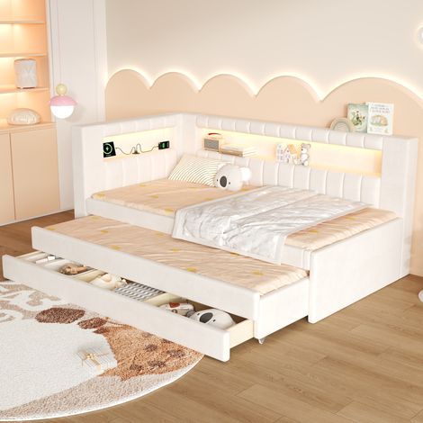 Letto da giorno 90/200 cm bianco imbottito con LED, USB, letto estraibile e 3 cassetti (1/5)